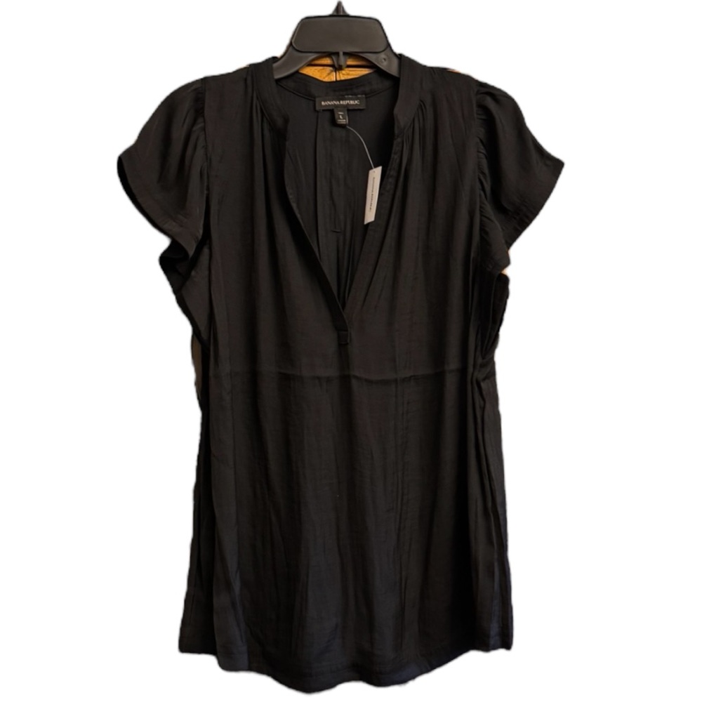Banana Republic Black Flutter Sleeve Blouse with Mandarin Collar Retail 74.50